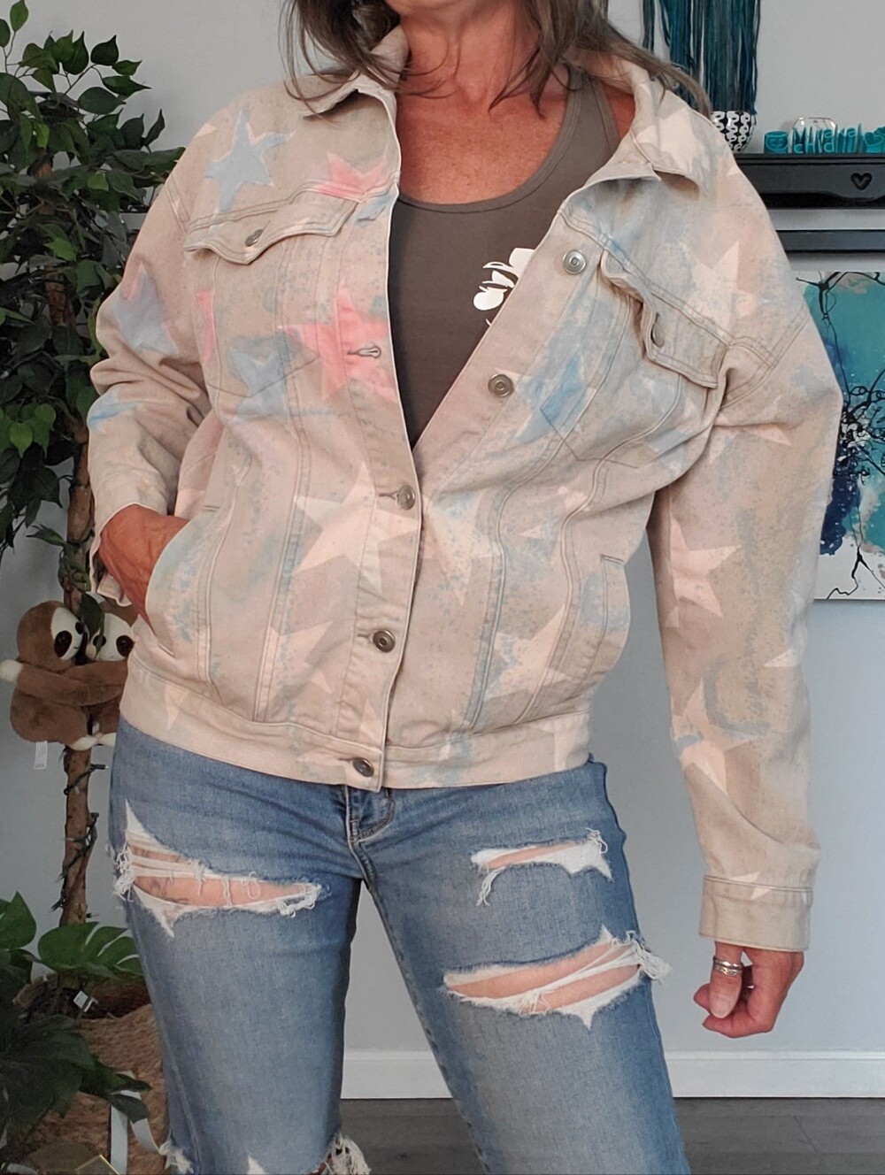 ALTAR'D STATE Star Print Pastel Oversized Denim Trucker Jacket XS